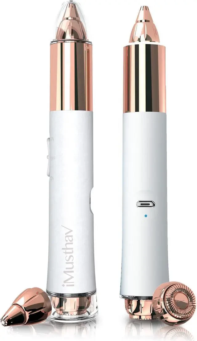 اداة ازالة شعر الحواجب والوجه 2 في 1 للنساء من اي موستهاف، ماكينة حلاقة كهربائية بدون الم خالية من العيوب ومطلية بالذهب عيار 18 قيراط، قابلة لاعادة الشحن بمنفذ USB، اضاءة LED بزاوية 360 درجة لازالة