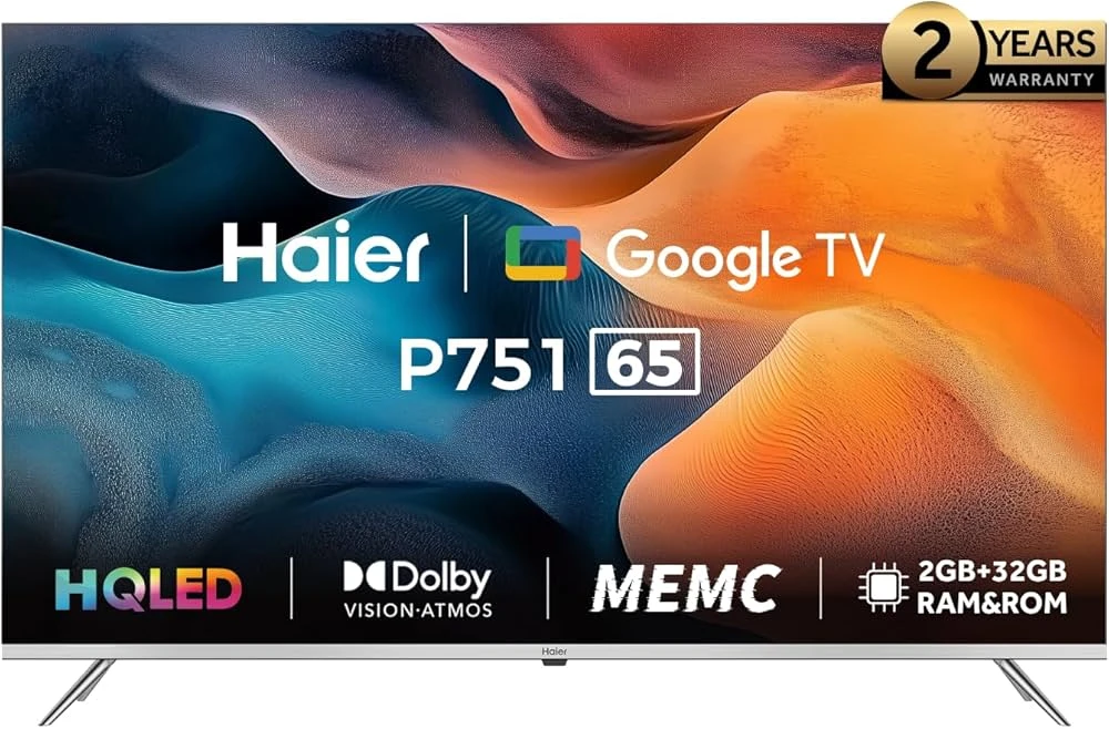 تلفزيون 65 بوصة من هاير بدقة 4K اتش دي ار اتش كيو ال اي دي برقاقة ام اي ام سي او اتش دي، جوجل سمارت ايه اي 60 هرتز، تصميم معدني، تحكم صوتي، دولبي فيجن دولبي اتموس،وضع اللعب/دعم HDMI 2.1(VRR-ALLM-EARC)