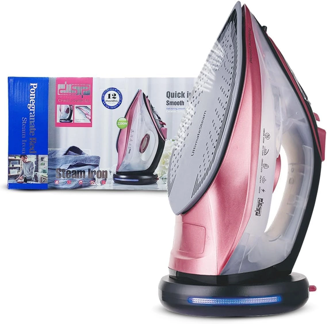 دي اس بي مكواة بخار محمولة 2200 وات مع قاعدة مطلية بالسيراميك، خزان مياه 275 مل، بخاصية انبعات بخار قوي، تنظيف ذاتي، KD1096