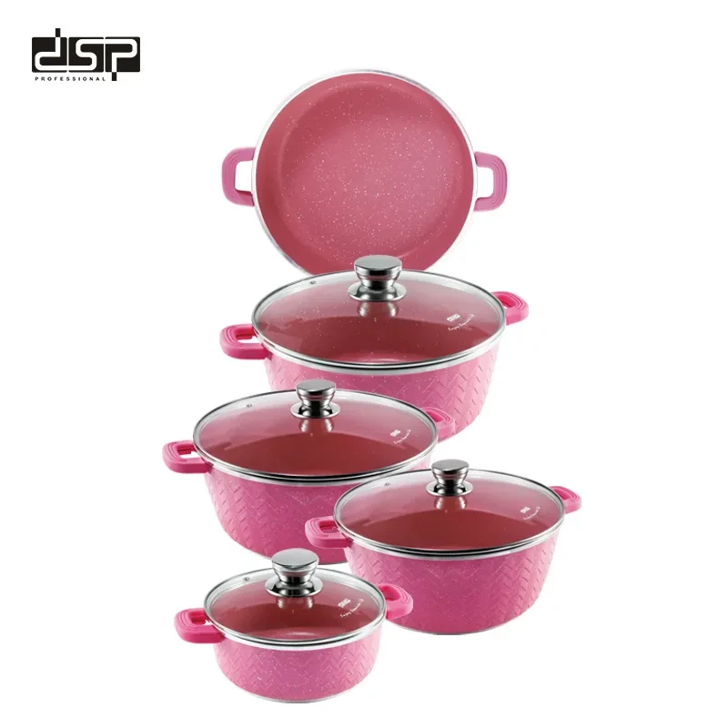 طقم قدور جرانيت DSP CA001-S01 – 9 قطع، طلاء غير لاصق، ختم جرانيت فاخر