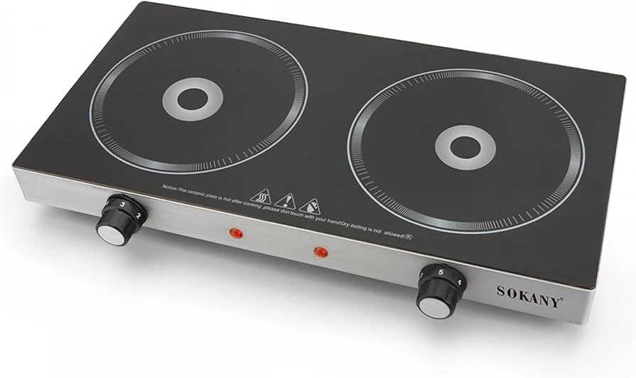 موقد رقمي مع شعلتين سوكاني– 2 عين، قدرة 2400 واط، تحكم حراري مستقل، سطح سيراميك/زجاج مقاوم للحرارة موديل SK-224