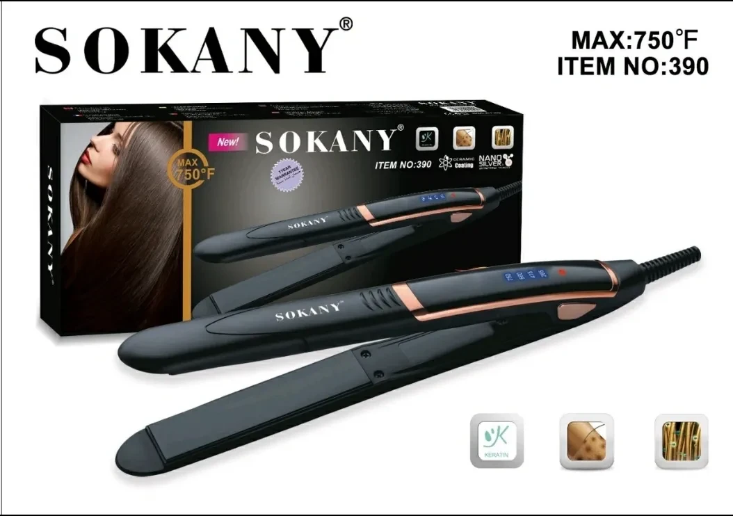 مِمْلّس شعر Sokany SK-390 – ألواح سيراميك 25×110 مم، تحكم بدرجة الحرارة، تسخين سريع