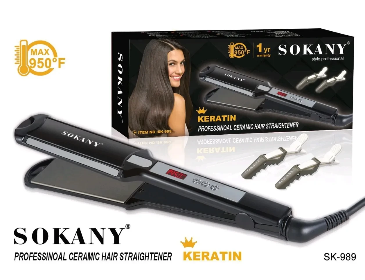 مملّس شعر سوكاني– بقوة 55 واط مكواة احترافية ببطانة سيراميكية، تحكم حراري، وسلك دوّار 360° 989-SK