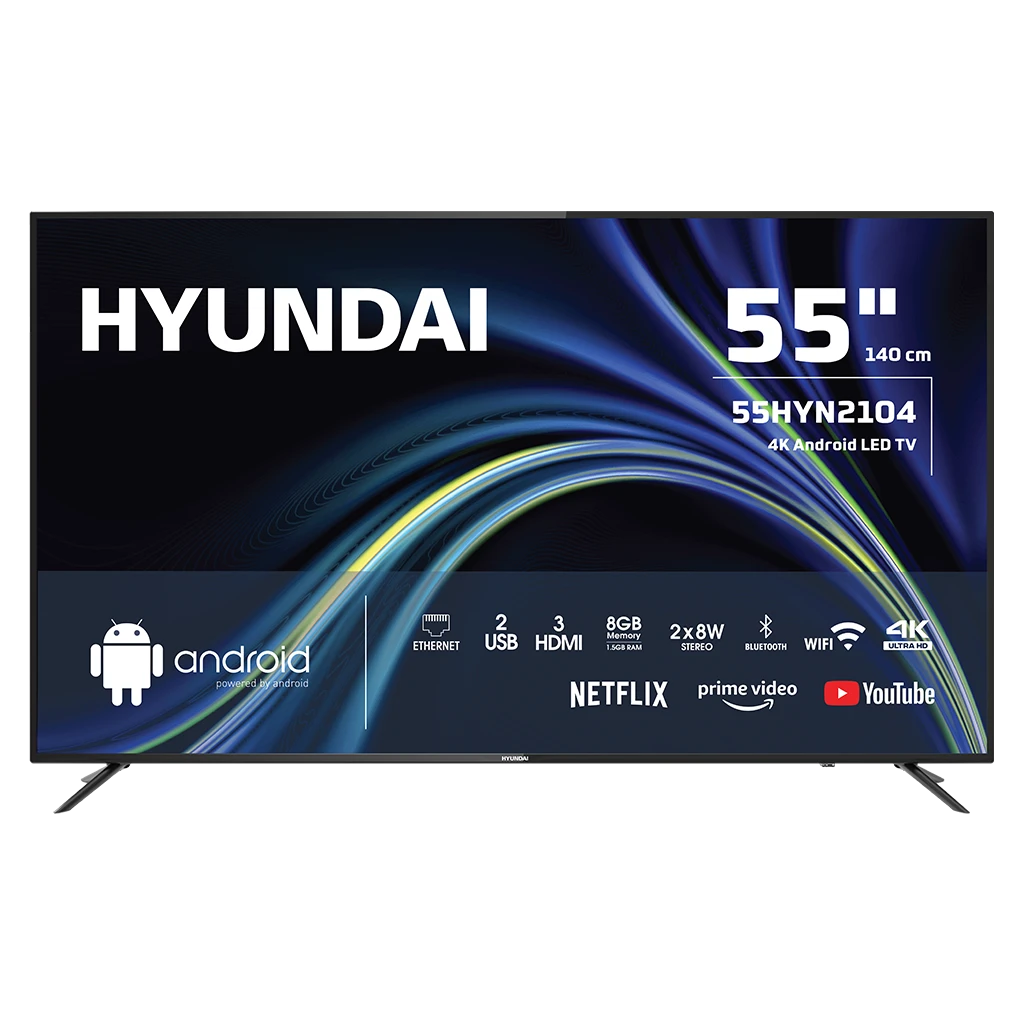 تلفزيون هيونداي بحجم 55 بوصة | دقّة 4K Ultra HD | نظام أندرويد الذكي | استهلاك طاقة 150 واط | شاشة كبيرة بتجربة مشاهدة متطورة موديل HY-LTV55UHDS
