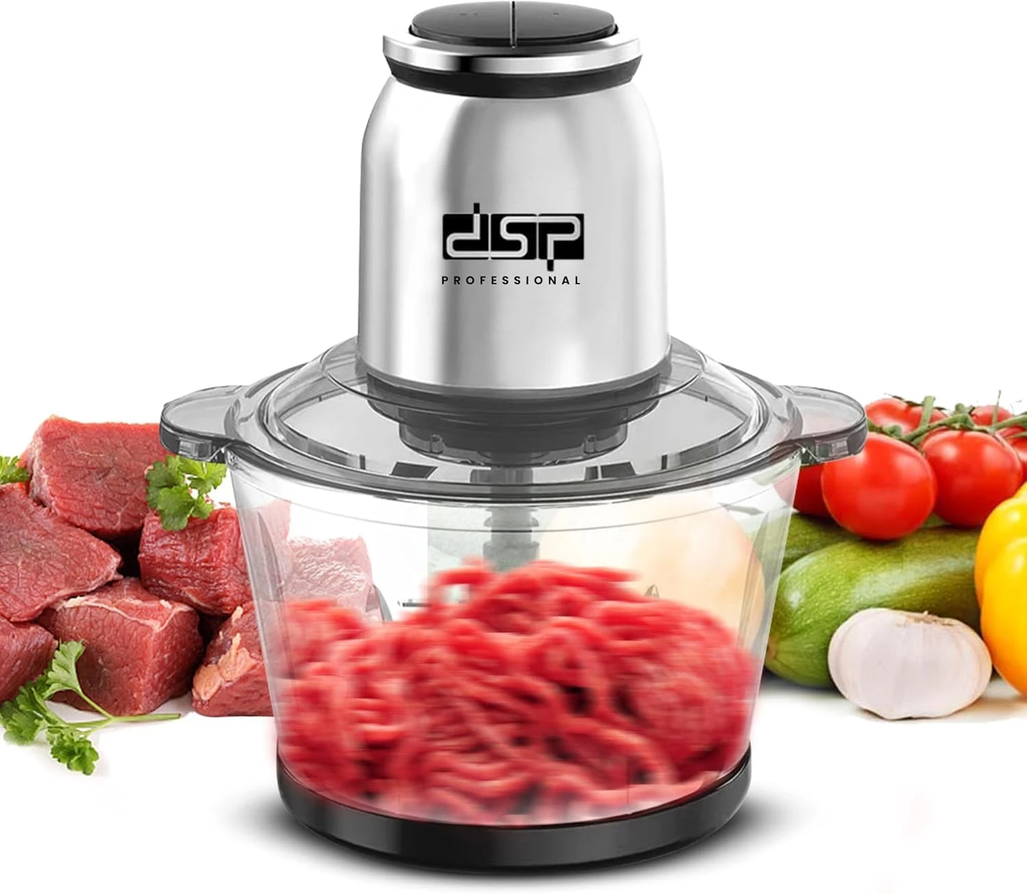 طَحّانة ومفرمة طعام DSP – مفرمة لحم، قطاعة لحم، قطاعة لحوم بسعة 3 لتر، 300 واط، 28000 دورة في الدقيقة، محرك نحاسي نقي، شفرات من الستانلس ستيل، تحكم بسرعتين، KM4100