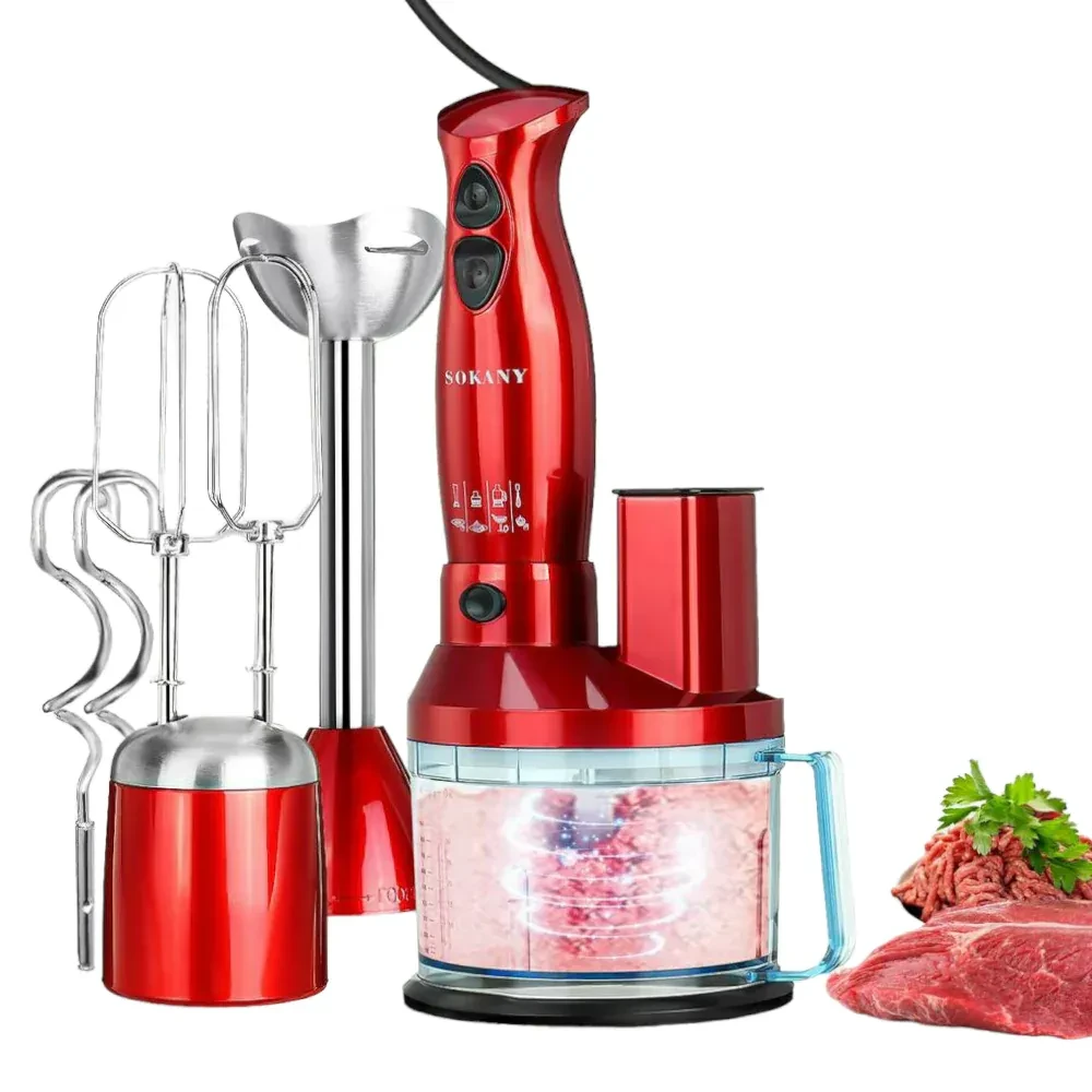 خلاط يدوي 7-في-1 Sokany  – قدرة 700 واط، طقم مُعالج طعام متعدد المهام، تصميم عصري باللون الأحمر SK-5011-7