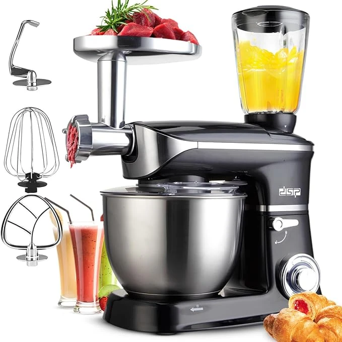 محضّرة طعام 3 في 1 دي إس بي، 1300 واط، سعة 6.5 لتر، وعاء من الفولاذ المقاوم للصدأ، تشغيل هادئ، 6 سرعات + نبضة، قفل أمان ورأس قابل للرفع، يتضمن خطاف عجين، مضرب، خفاقة وملعقة مسطحة، KM3031